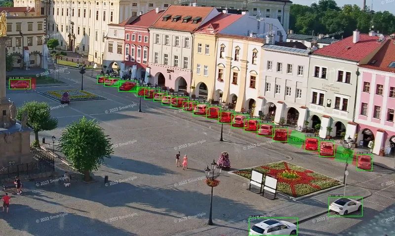 Détection Parkinto sur la Velké náměstí à Kroměříž : une rangée de voitures garées signalées occupées en rouge, places libres en vert