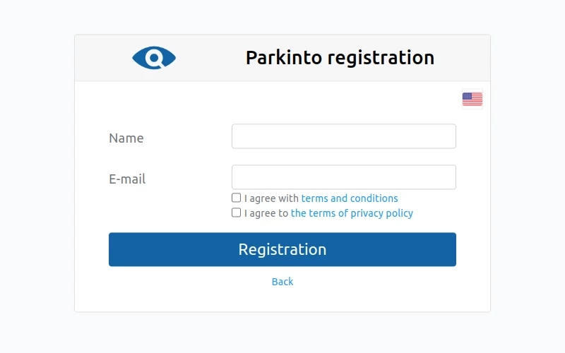 Ad ve e-posta alanlarıyla Parkinto portalı kayıt formu