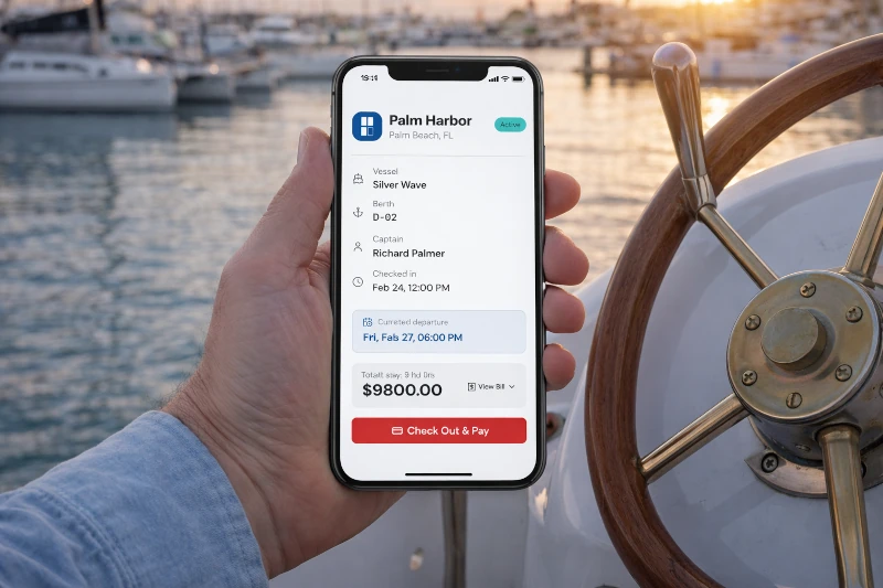A captain at the helm holding a phone with the Parkinto stay overview: vessel, berth, check-in time, total and a Check Out & Pay button