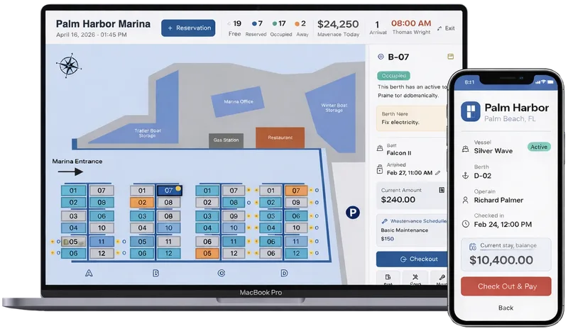 Parkinto Marina on a laptop and a phone: live berth map with free, reserved and occupied berths for staff, and a captain’s stay overview with Check Out & Pay