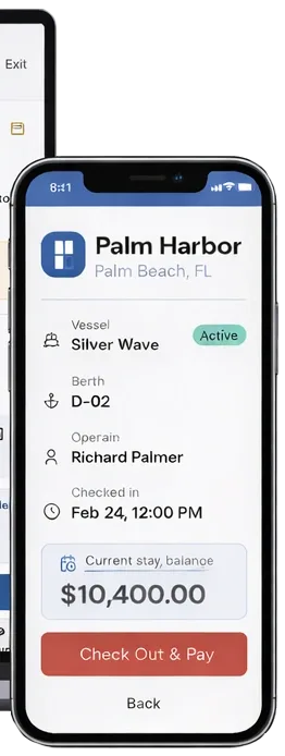 Parkinto Marina on a phone: the captain’s stay overview with vessel, berth, balance and a Check Out & Pay button
