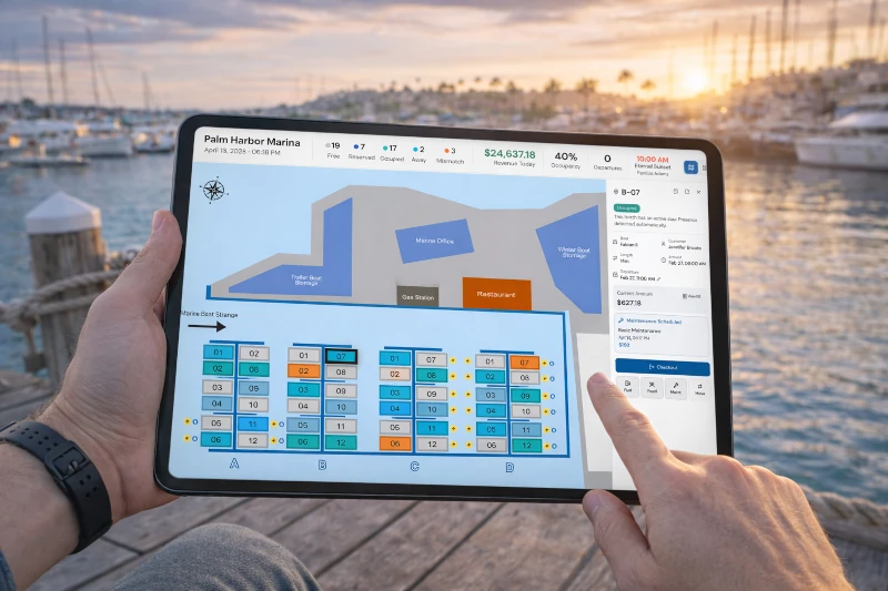 Personnel d’un port de plaisance avec une tablette affichant la carte Parkinto des places d’amarrage en direct