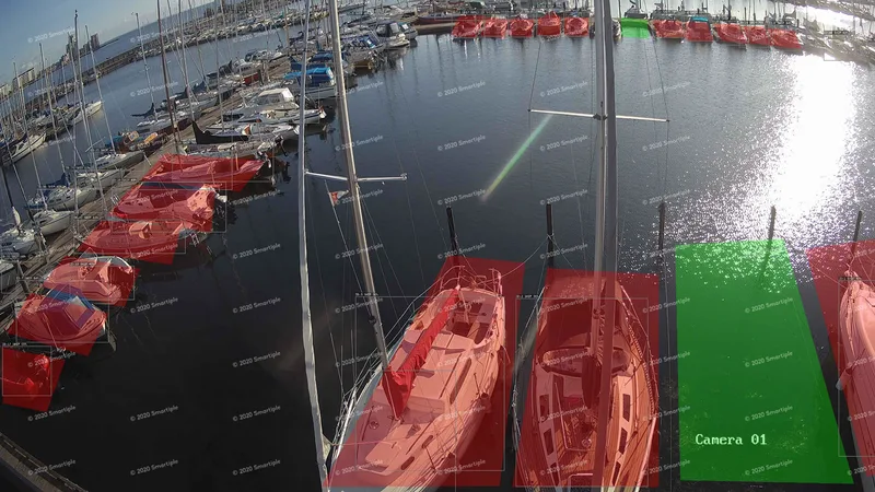 Camera view of Svanemøllehavn marina in Copenhagen with detected boats — green is free, red is occupied